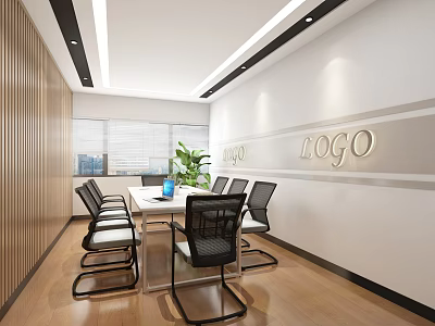 Modern Conference Room Interior With Long Table Chairs Potted Plant And Wall Logo 3d model