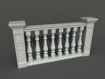 White Decorative Railing with Stone Balusters and Intricate Carved Patterns on Classic Style Posts 3d model