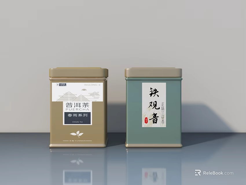 Traditional Display Shelves With Chinese Pu'er And Tieguanyin Tea Tins On Countertop 3d model 