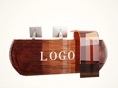 Modern Brown Reception Desk With Striped Texture Two Computer Monitors And Logo 3d model
