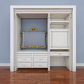 Elegant White Vanity With Golden Trimmed Mirror Drawers And Storage Cabinet