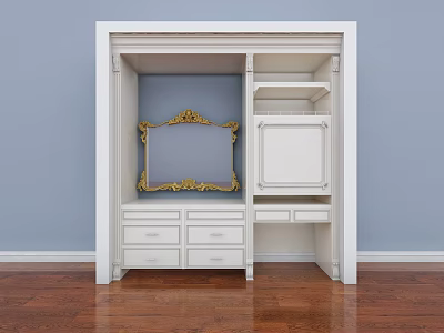 Elegant White Vanity With Golden Trimmed Mirror Drawers And Storage Cabinet 3d model