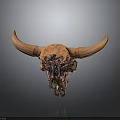 Brown Animal Skull With Large Curved Horns On Reflective Gray Gradient Background