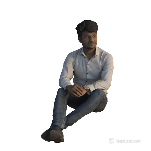 Man Sitting with Hands Crossed in Light-Colored Shirt and Jeans Against White Background 3d model 