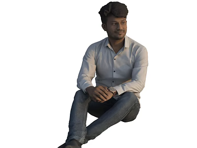 Man Sitting with Hands Crossed in Light-Colored Shirt and Jeans Against White Background 3d model