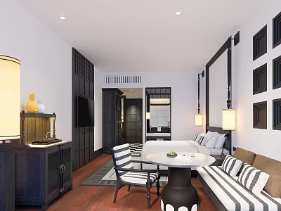 Hotel Room Interior With Striped Sofa Wooden Floor Decorative Lamps And Wall Frames 3d model