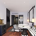 Hotel Room Interior With Striped Sofa Wooden Floor Decorative Lamps And Wall Frames