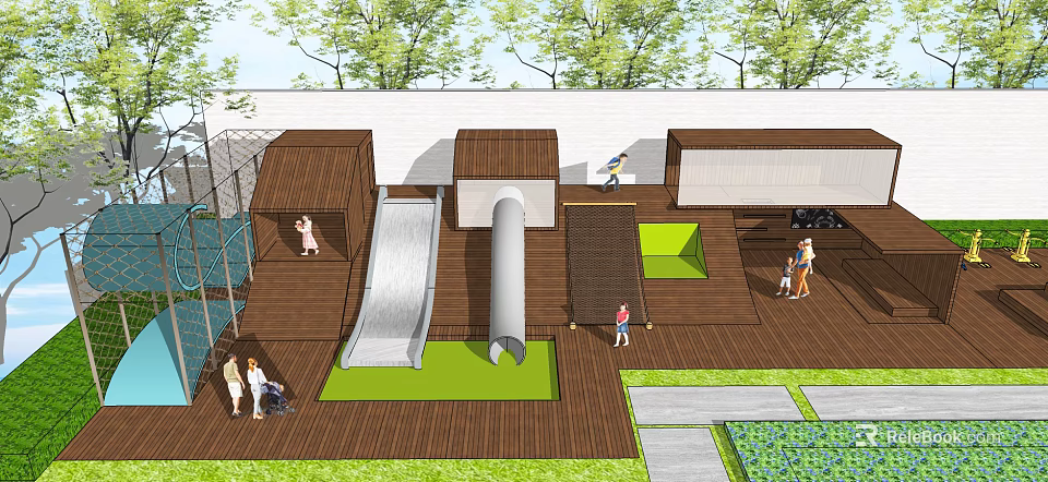 Outdoor Wooden Playground With Slide Green Area Children Playing And Adults Nearby 3d model 