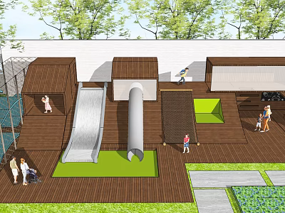 Outdoor Wooden Playground With Slide Green Area Children Playing And Adults Nearby 3d model