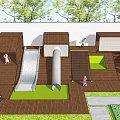 Outdoor Wooden Playground With Slide Green Area Children Playing And Adults Nearby