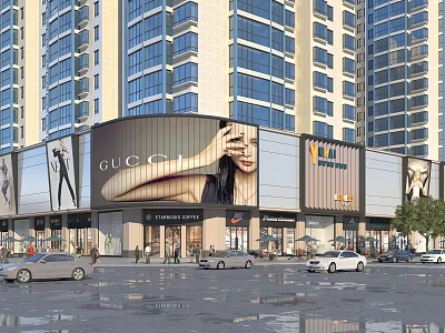 Tall Modern Commercial Building With GUCCI Billboard On City Street With Cars And Pedestrians 3d model