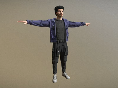 Man in purple jacket with arms outstretched wearing dark shirt cargo pants and white shoes 3d model