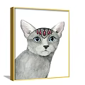 Cat Paintings With Red Gem Headpiece And Feather Decor In Gold Frames