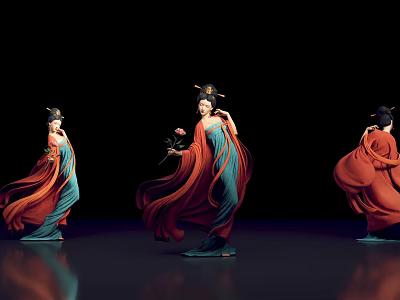 Traditional Costumed Women in Red and Blue with Hair Accessories Dancing on Black Background 3d model