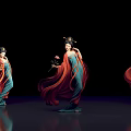 Traditional Costumed Women in Red and Blue with Hair Accessories Dancing on Black Background