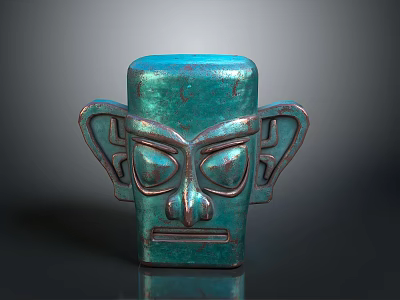 Teal Colored Carved Head Sculpture With Symmetrical Ears And Geometric Facial Design 3d model