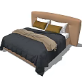 Modern Double Bed With Brown Headboard Yellow White Pillows And Dark Comforter 3d model