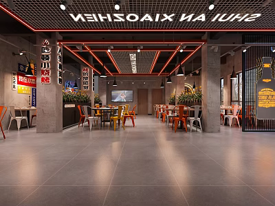Modern Hotpot Restaurant Interior With Warm Lighting Colorful Chairs TV And Plants 3d model