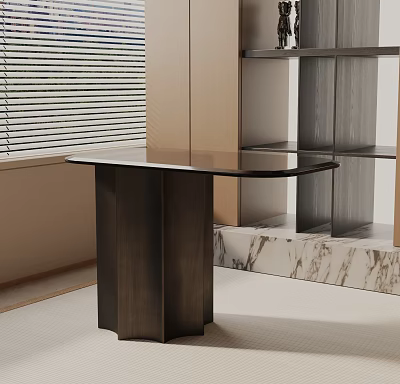 Modern Dark Side Table With Black Top And Marble Accents Near Window Blinds And Shelves 3d model