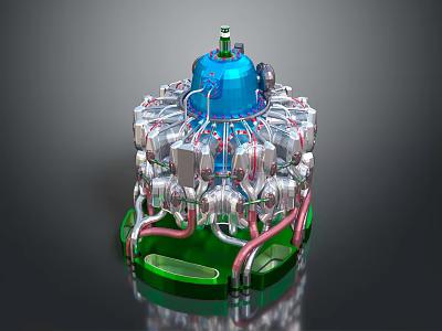 Complex Industrial Mechanical Device With Blue Top Silver Components Green Base And Red Pipes 3d model