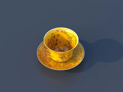 Commercial Equipment Yellow Patterned Teacup and Saucer with Elegant Design for Business Use 3d model