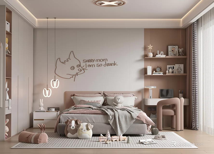 Cozy Kids Bedroom With Cartoon Cat Wall Art Soft Pillows Stuffed Toys And Area Rug 3d model 