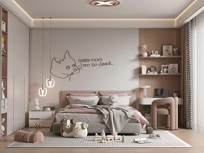 Cozy Kids Bedroom With Cartoon Cat Wall Art Soft Pillows Stuffed Toys And Area Rug 3d model