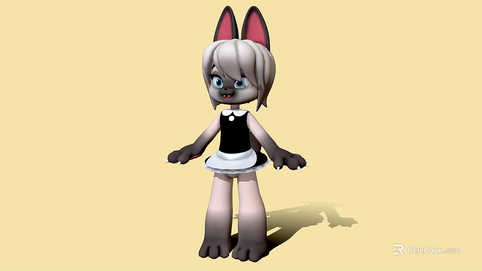 Cute Gray Cat Ears Game and Movie Character in Black White Outfit 3d model 