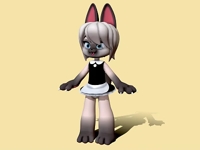 Cute Gray Cat Ears Game and Movie Character in Black White Outfit 3d model