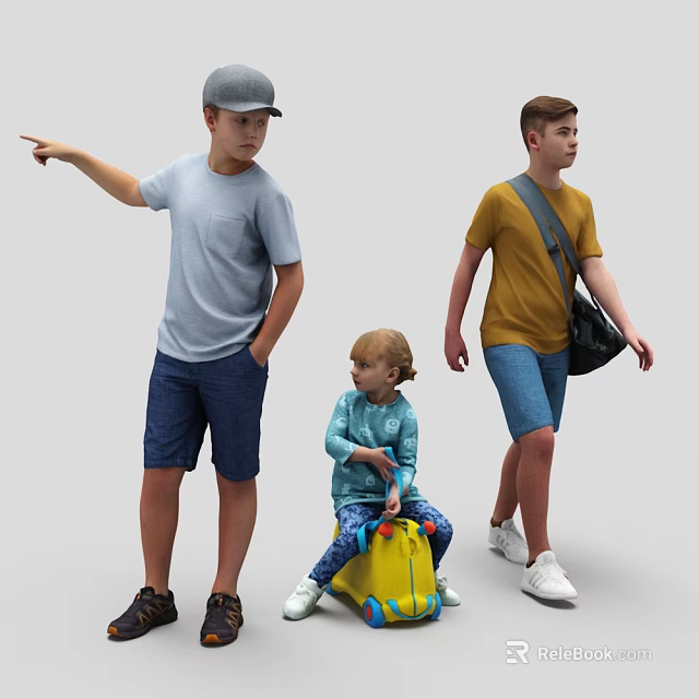 Three Children Including Boy Pointing Girl on Yellow Toy Car and Another Carrying Black Bag 3d model 