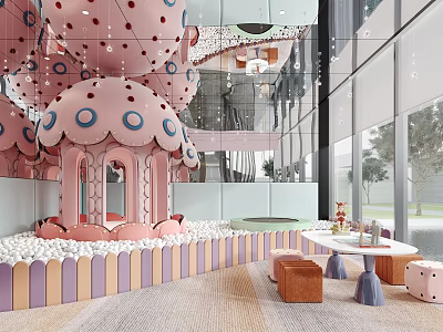Bright Children's Play Area With Pink Mushroom Structure Ball Pit Mirrored Walls And Small Tables 3d model