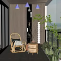 Cozy Home Balcony with Wooden Design Wicker Chair Small Round Table and Green Plants