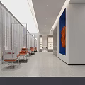 Modern Hotel Lobby Interior With Orange Chairs Large Artwork And Glass Partitions