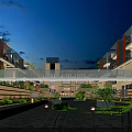 Modern Garden Landscape With Residential Buildings Water Pond Reflection Greenery And Bridge