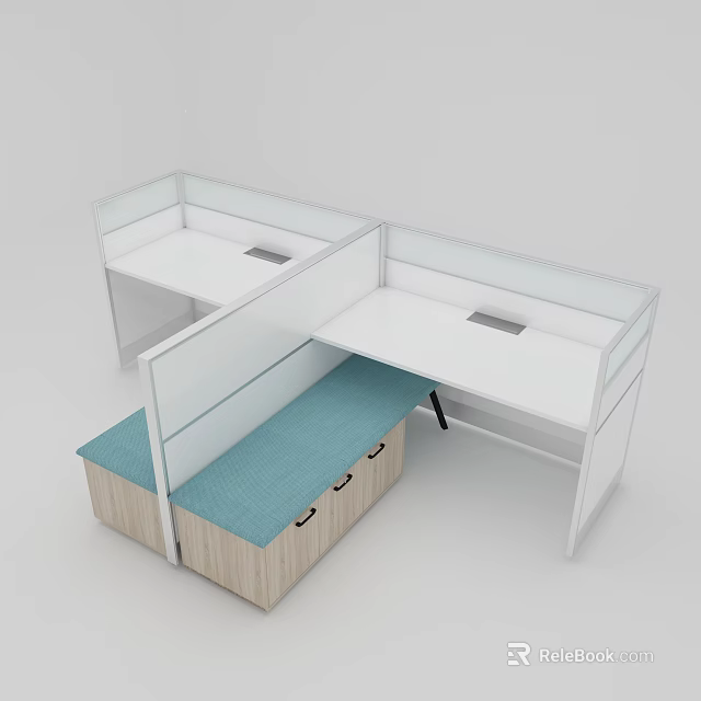 Modern Partitioned Office Workstation With White Surface Blue Cushion And Wooden Drawers 3d model 