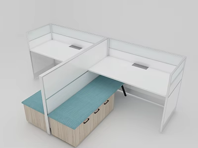Modern Partitioned Office Workstation With White Surface Blue Cushion And Wooden Drawers 3d model