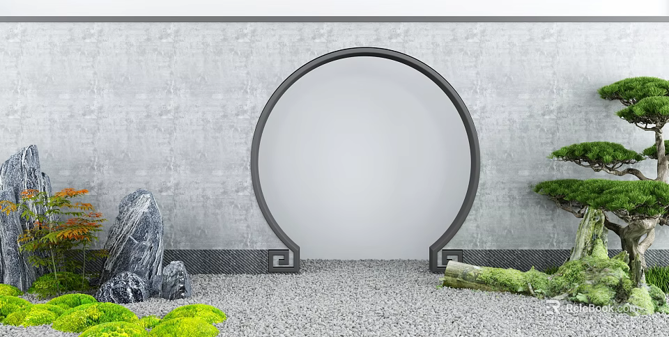 Circular Archway with Gray Wall Gravel Ground Stones and Green Plants 3d model 