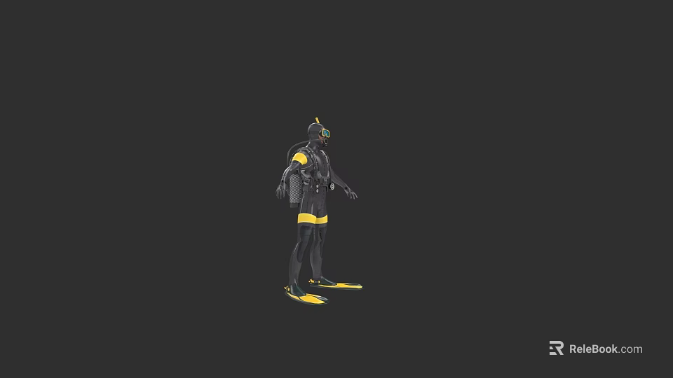Artistic Human Figure Sculpture In Black And Yellow Diving Suit With Oxygen Tank And Flippers 3d model 