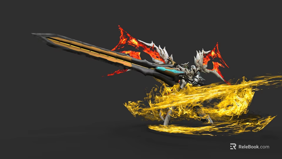 Armored Fantasy Game Movie Character With Flaming Weapon And Golden Aura Effects 3d model 
