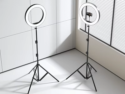 Two Ring Lights on Tripods with White Wall and Window Background 3d model