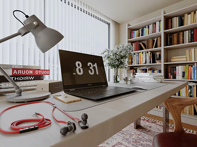 Modern Laptop Workspace Setup with Lamp Headphones and Calendar on Desk Near Bookshelf Flowers 3d model