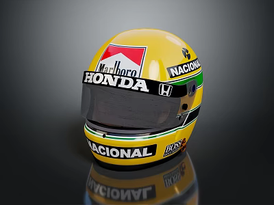 Yellow Racing Helmet Design With Honda Marlboro Nacional Logos And Reflective Surface 3d model
