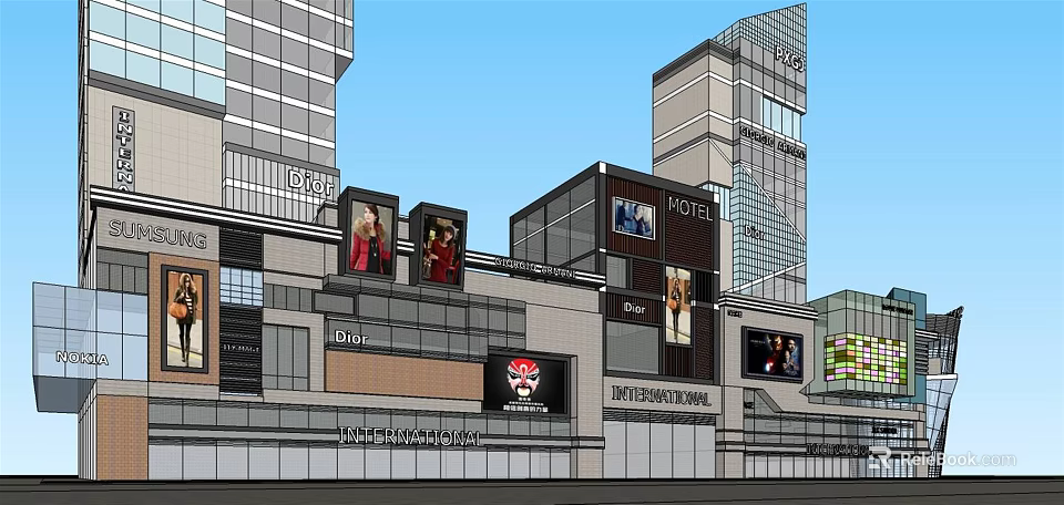 Modern Commercial Complex With High Rise Buildings Motel Shops And Billboards 3d model 