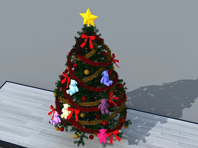 Christmas Tree with Yellow Star Red Ribbons Gold Garlands Colorful Teddy Bears on Wooden Floor 3d model