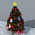 Christmas Tree with Yellow Star Red Ribbons Gold Garlands Colorful Teddy Bears on Wooden Floor