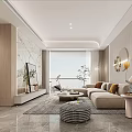 Modern Living Dining Room Interior Featuring Light Sofa Orange Cushions Coffee Table Circular Wall Art