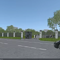 Entrance Gate With Security Booth Green Trees And Cars On Road Under Blue Sky