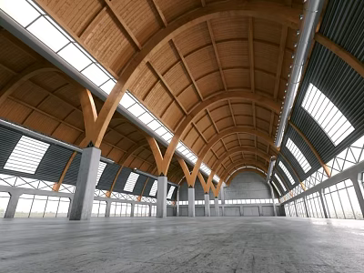 Spacious Indoor Hall With Wooden Arched Ceiling Glass Windows And Gray Floor 3d model