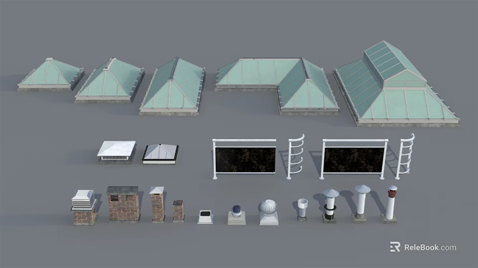 Architectural Model Components Featuring Various Roof Designs Window Frames And Columns 3d model