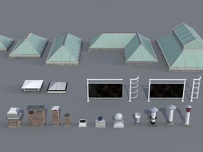 Architectural Model Components Featuring Various Roof Designs Window Frames And Columns 3d model